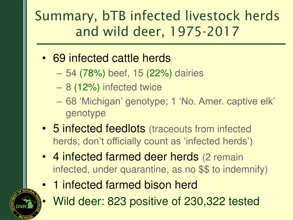 summary btb infected livestock herds and wild