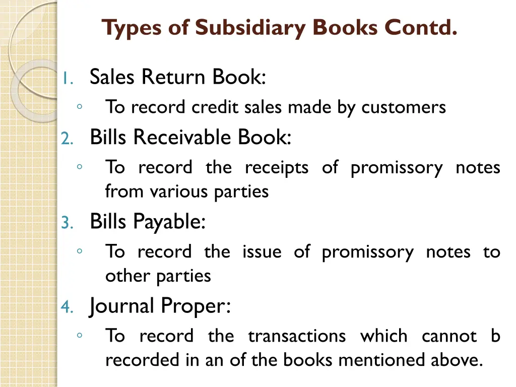 types of subsidiary books contd