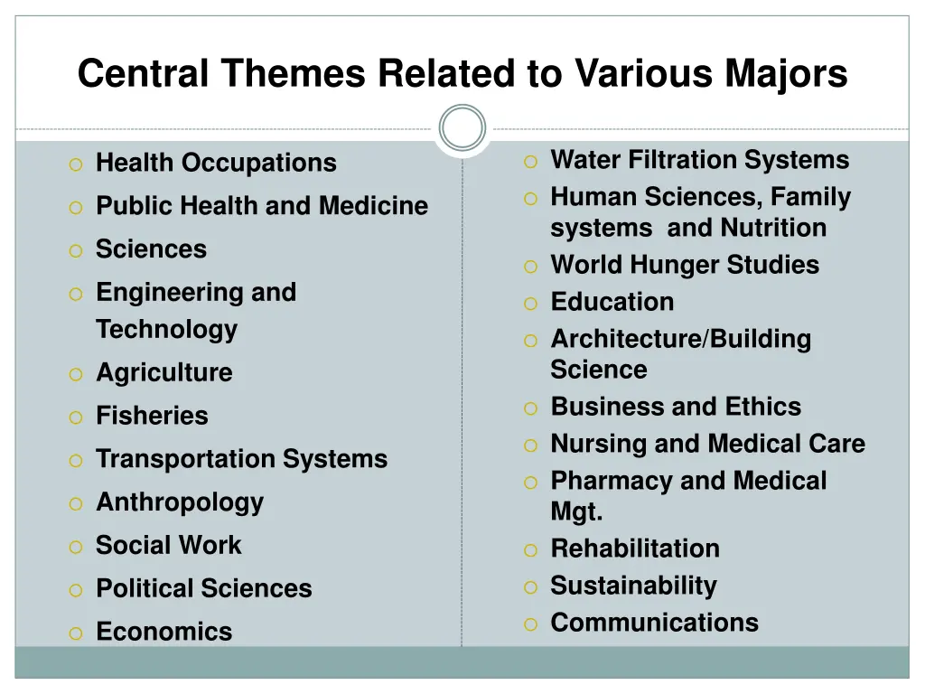 central themes related to various majors