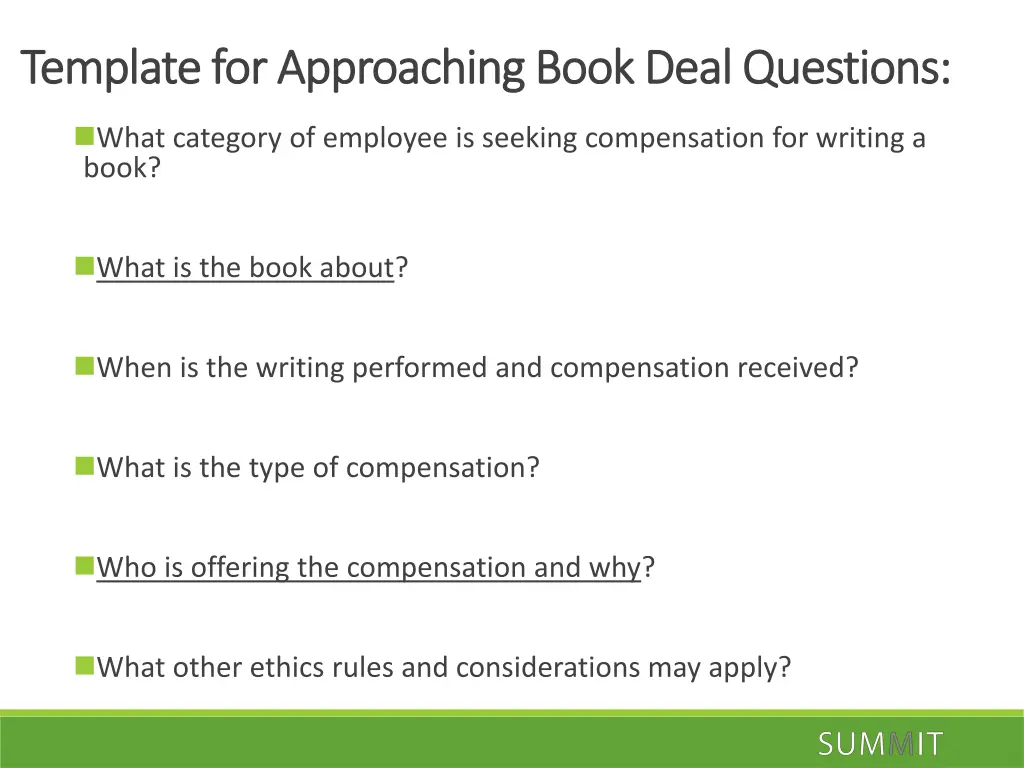 template for approaching book deal questions