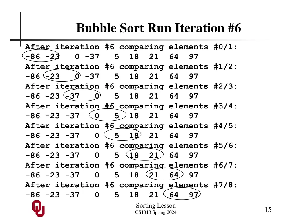 bubble sort run iteration 6