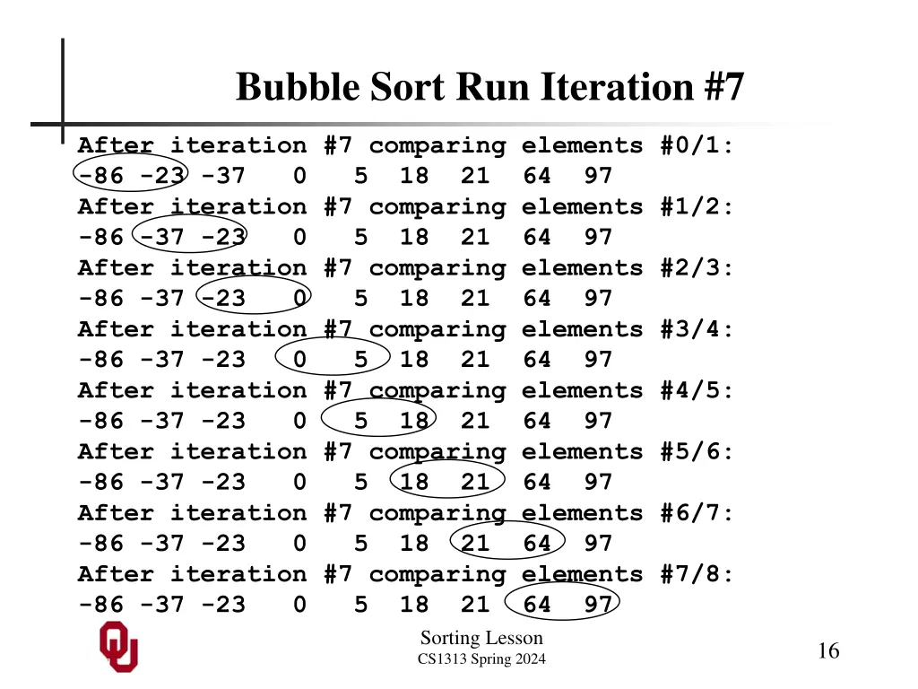 bubble sort run iteration 7