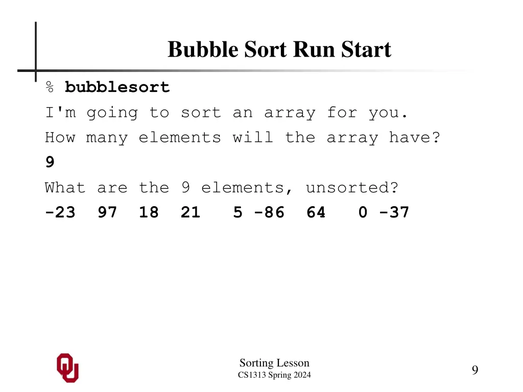 bubble sort run start