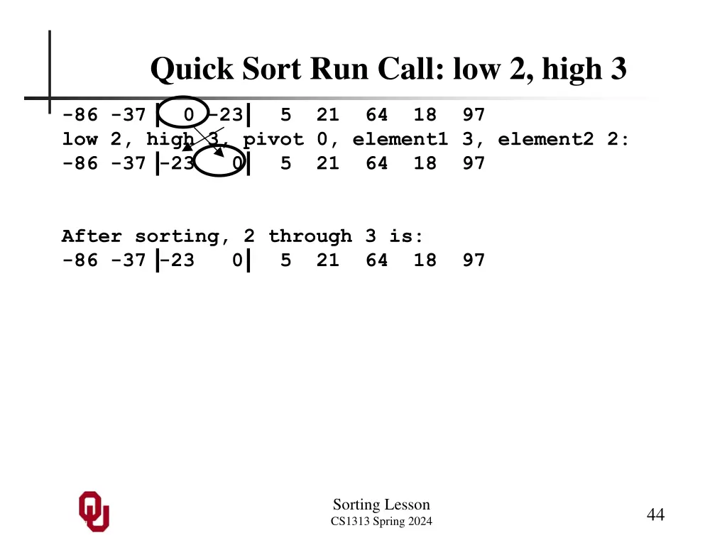 quick sort run call low 2 high 3