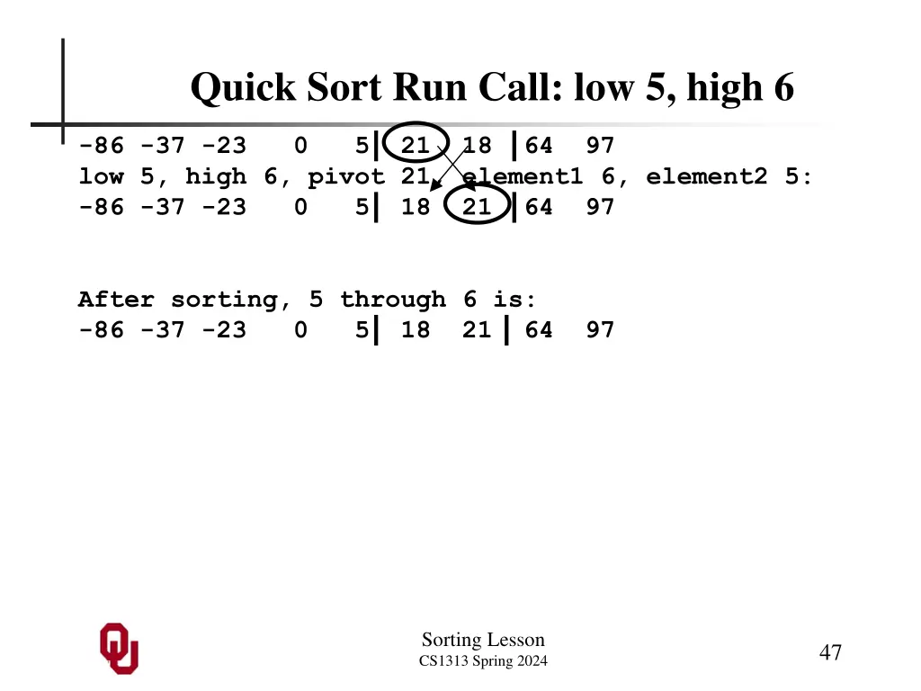 quick sort run call low 5 high 6