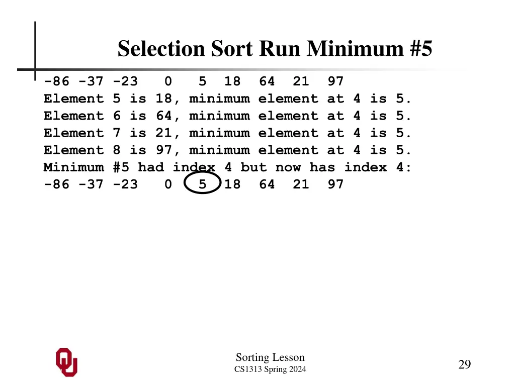 selection sort run minimum 5