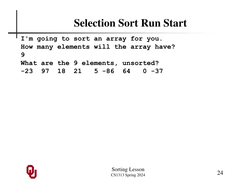 selection sort run start