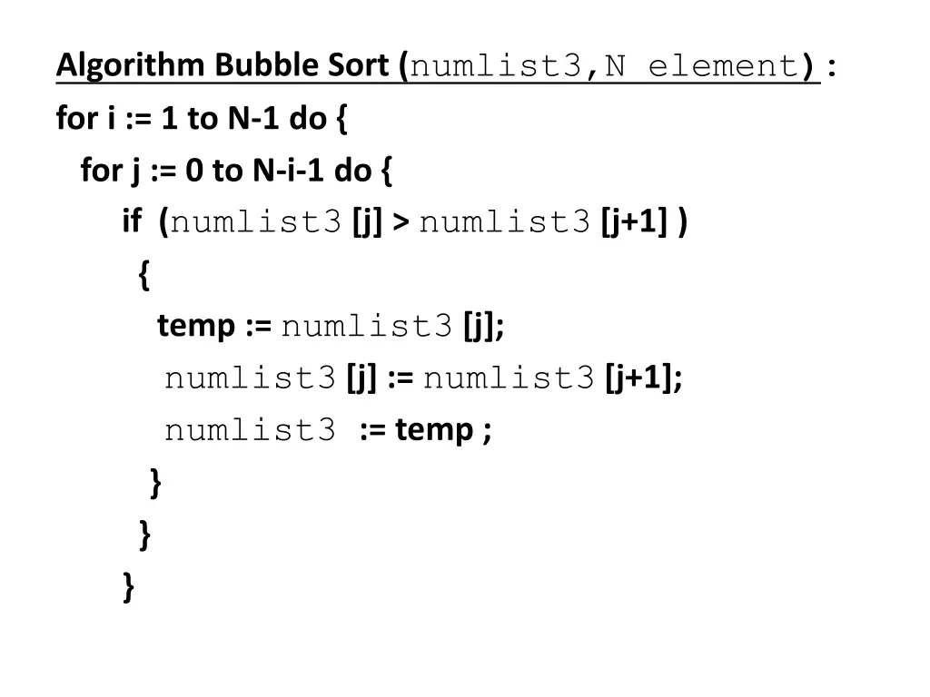 algorithm bubble sort numlist3 n element