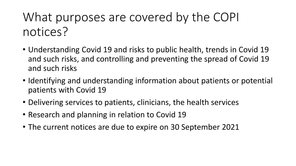 what purposes are covered by the copi notices