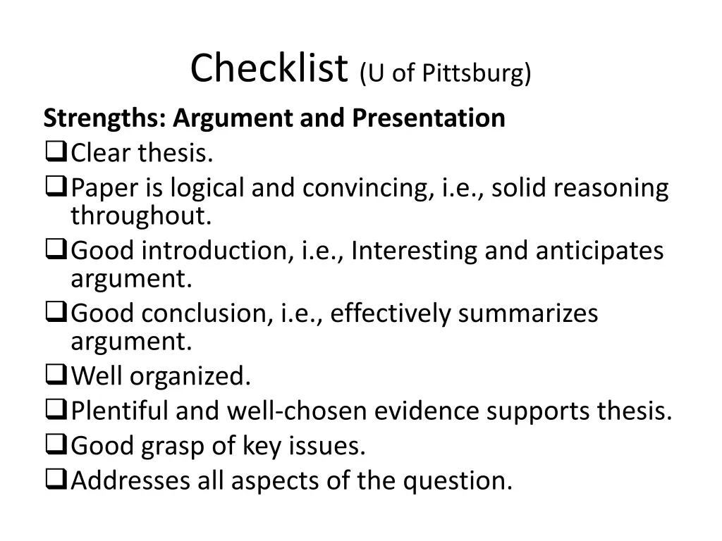 checklist u of pittsburg strengths argument