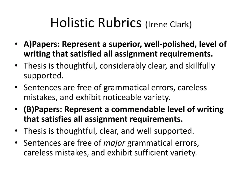 holistic rubrics irene clark