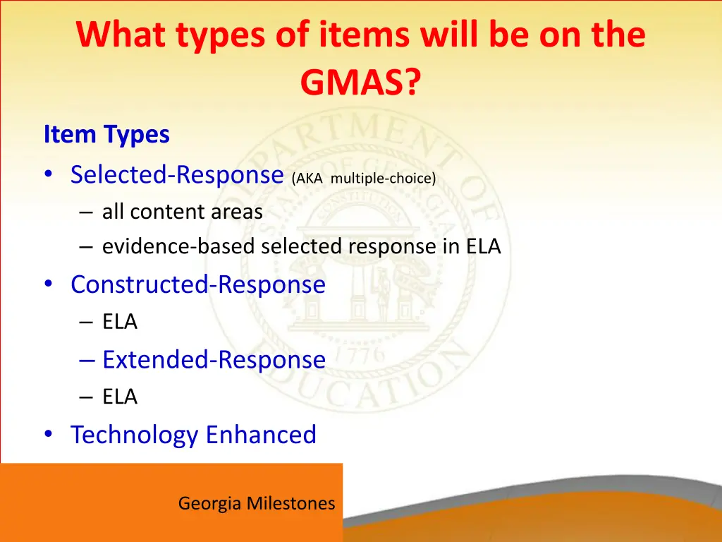 what types of items will be on the gmas