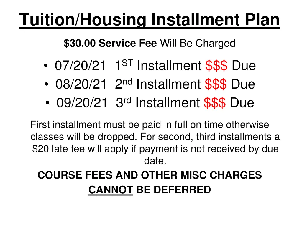 tuition housing installment plan