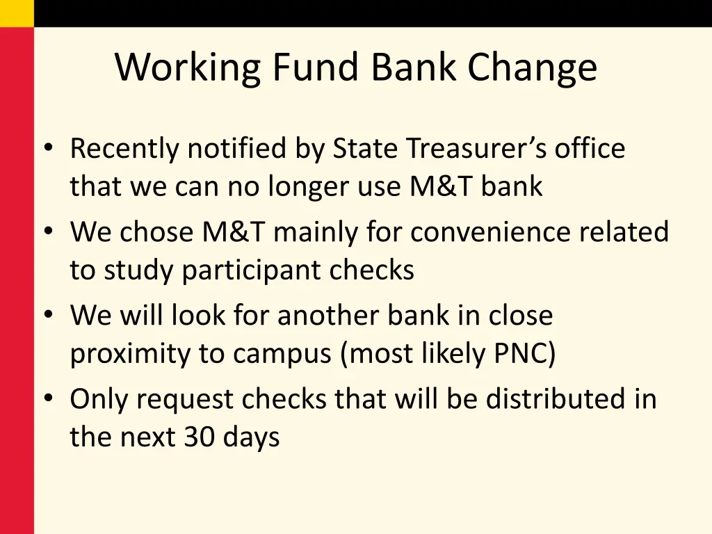 working fund bank change