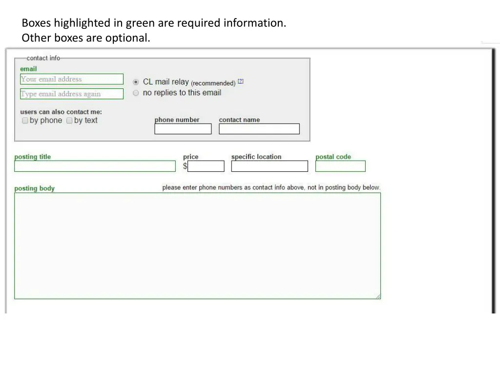 boxes highlighted in green are required