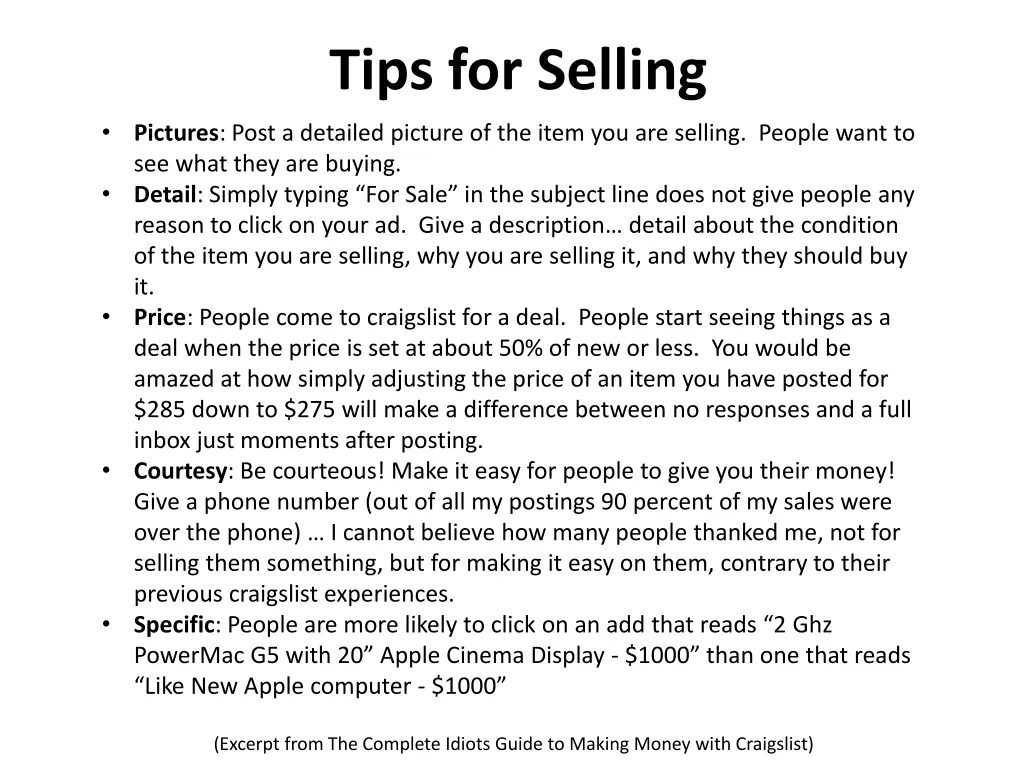 tips for selling