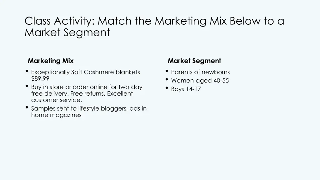 class activity match the marketing mix below