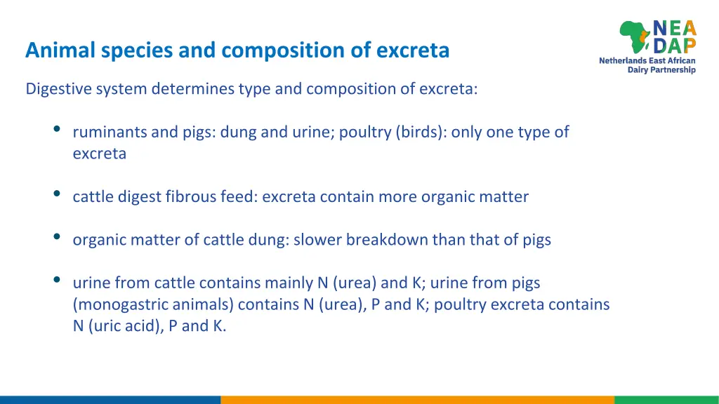 animal species and composition of excreta