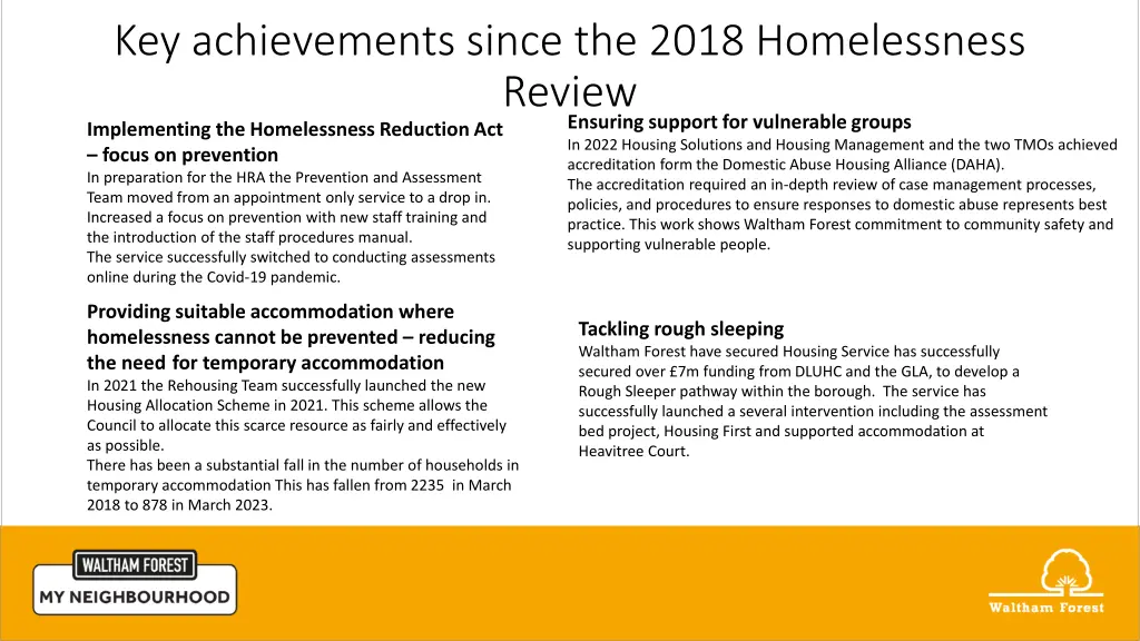 key achievements since the 2018 homelessness