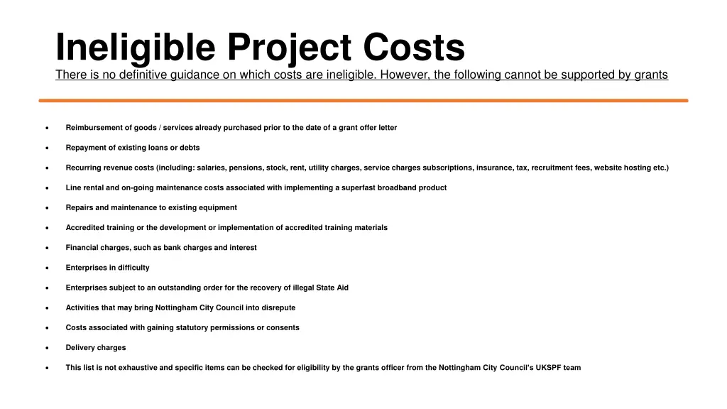 ineligible project costs there is no definitive