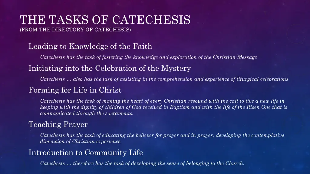 the tasks of catechesis from the directory