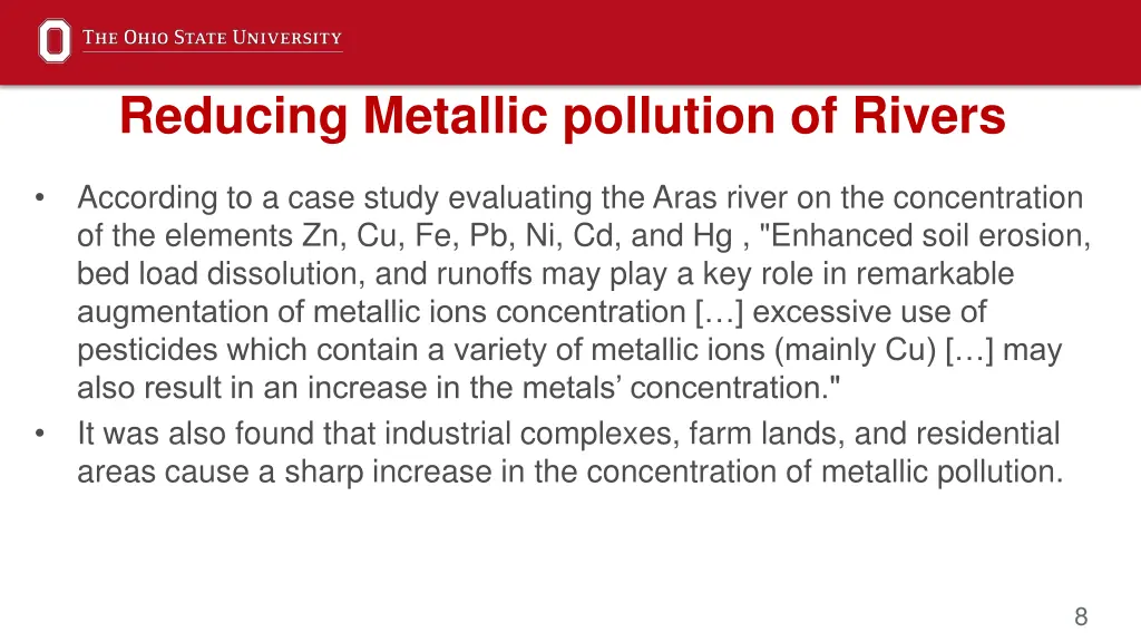 reducing metallic pollution of rivers