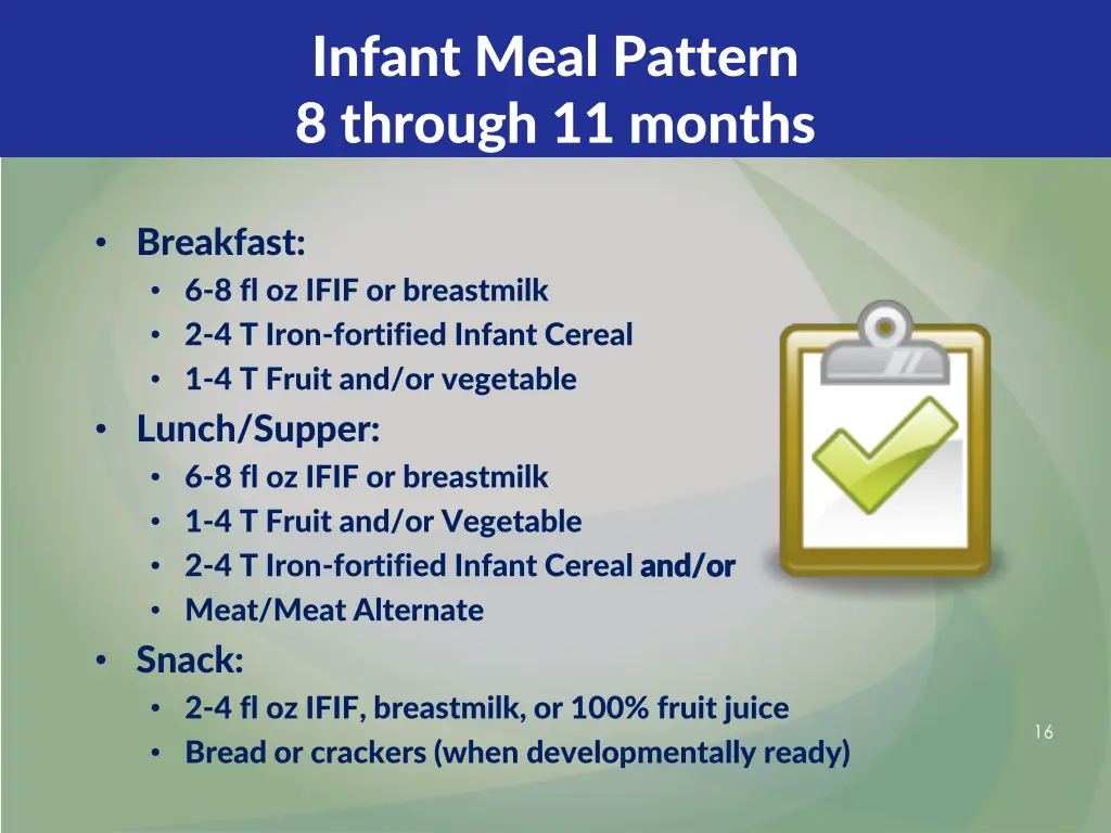 infant meal pattern 8 through 11 months