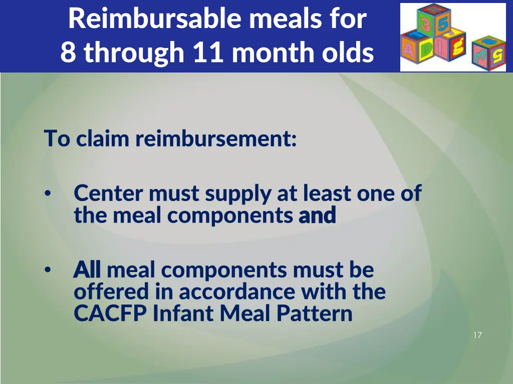 reimbursable meals for 8 through 11 month olds