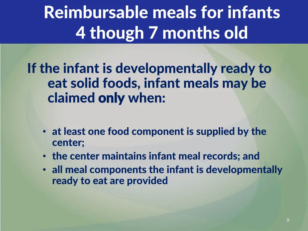 reimbursable meals for infants 4 though 7 months 1