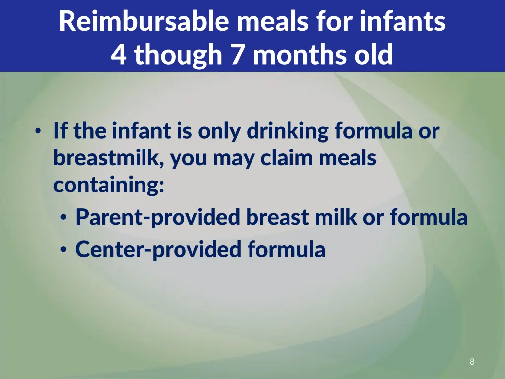 reimbursable meals for infants 4 though 7 months