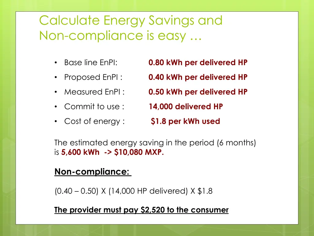 calculate energy savings and non compliance