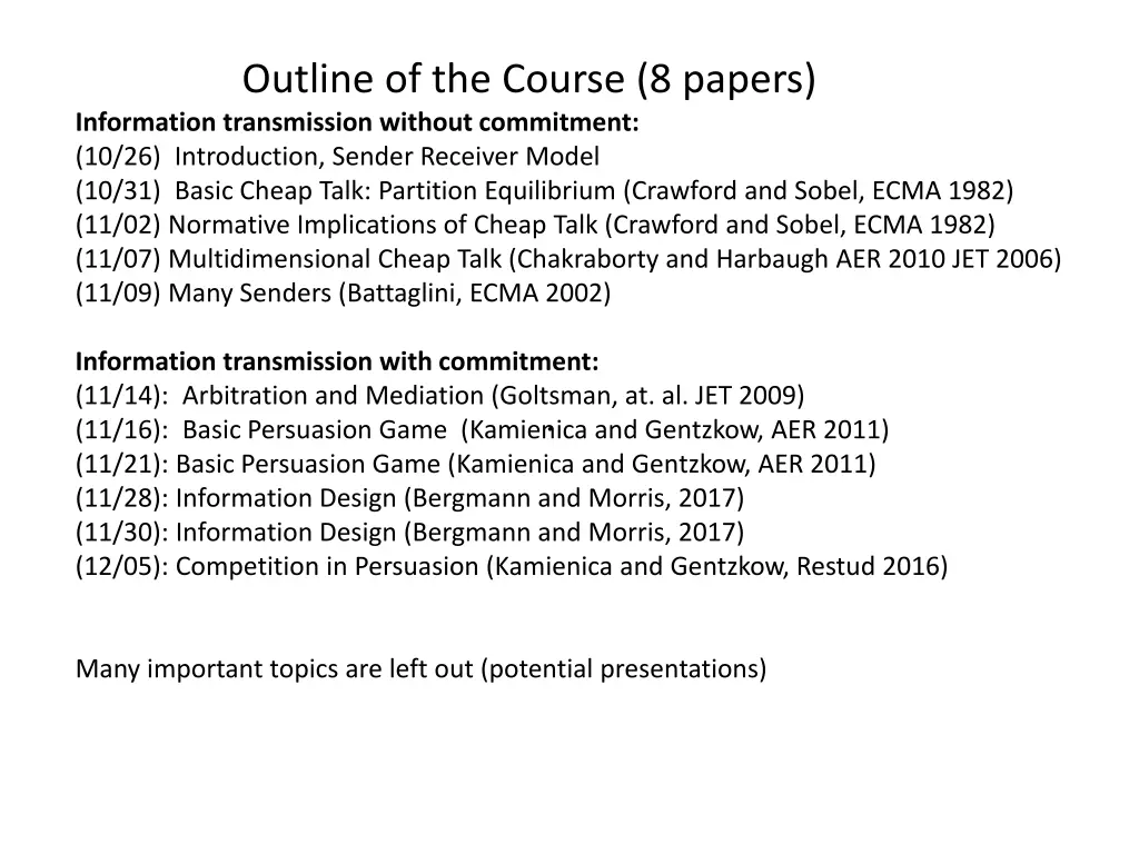 outline of the course 8 papers information