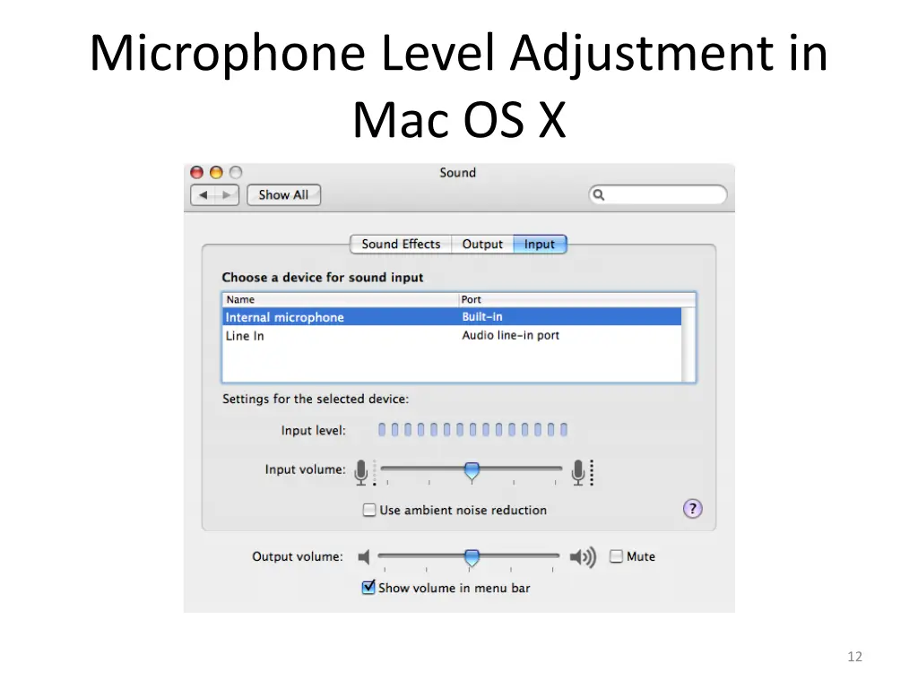 microphone level adjustment in mac os x