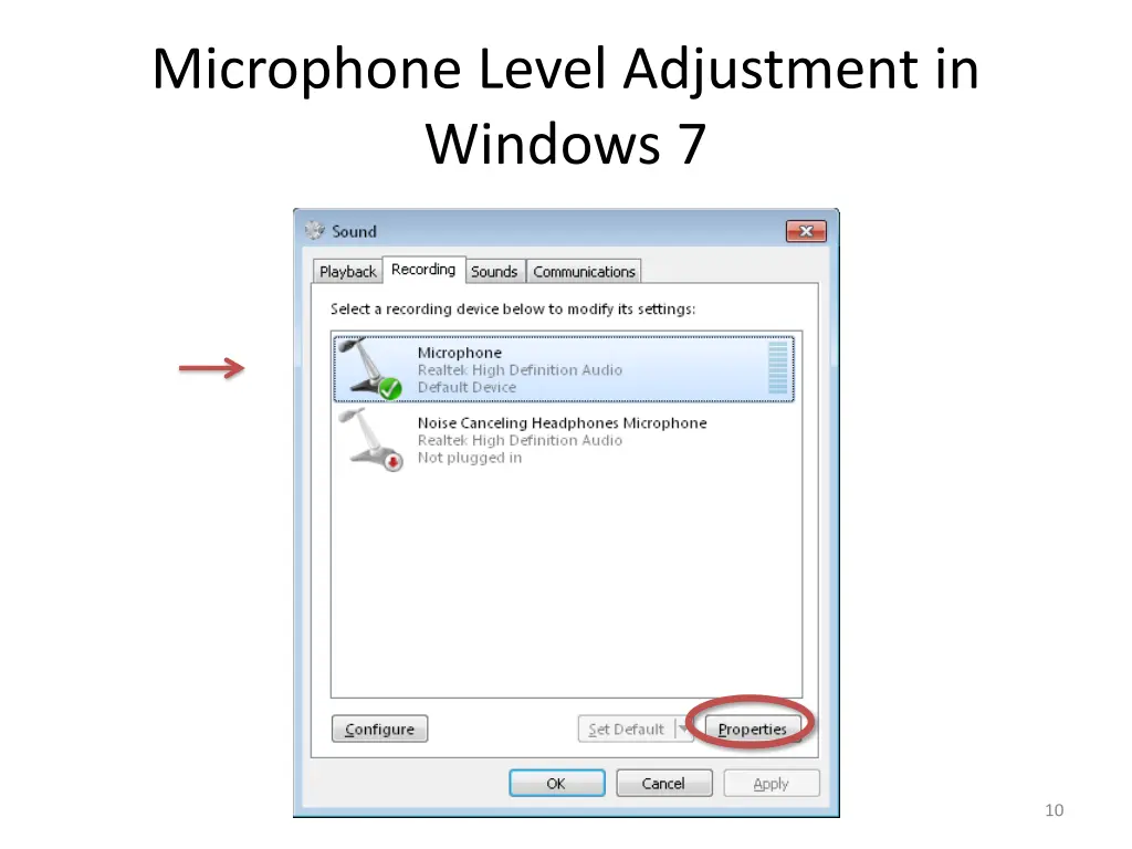 microphone level adjustment in windows 7