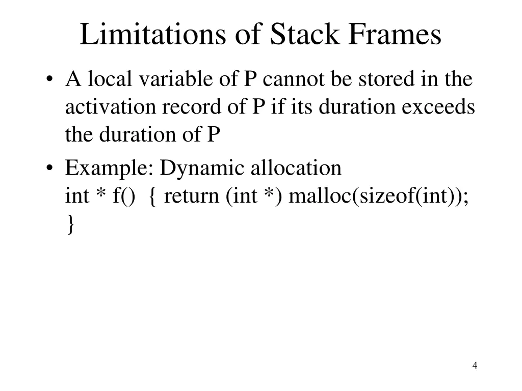 limitations of stack frames