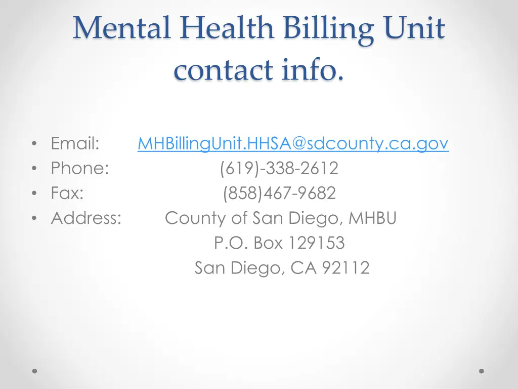 mental health billing unit contact info