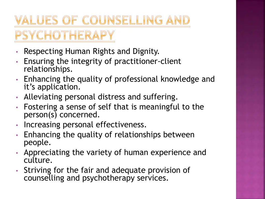 values of counselling and psychotherapy