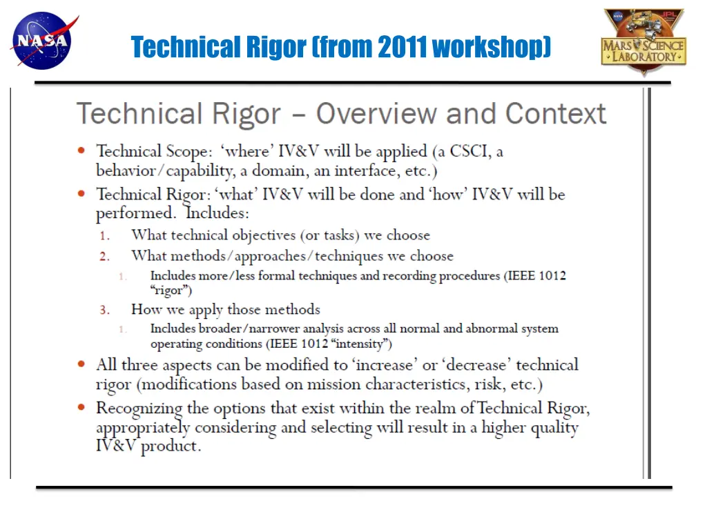 technical rigor from 2011 workshop