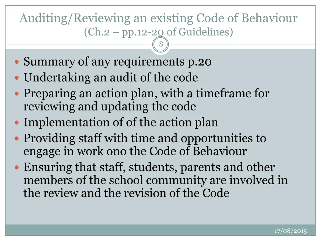 auditing reviewing an existing code of behaviour