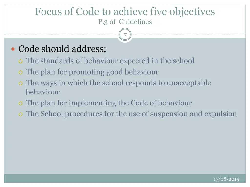 focus of code to achieve five objectives