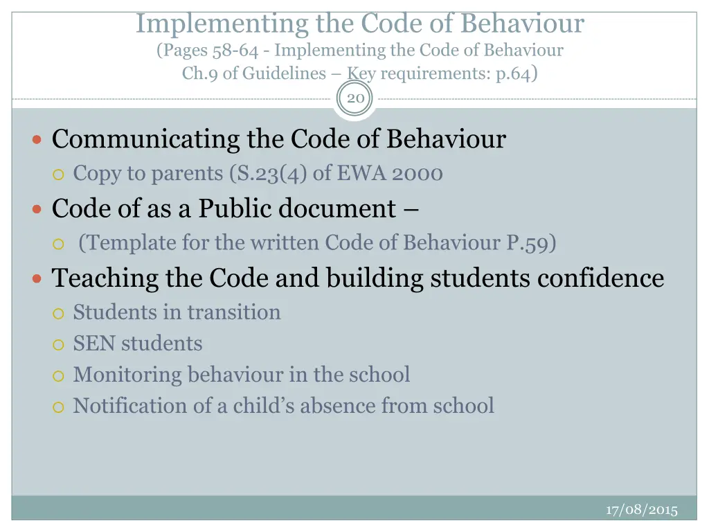 implementing the code of behaviour pages