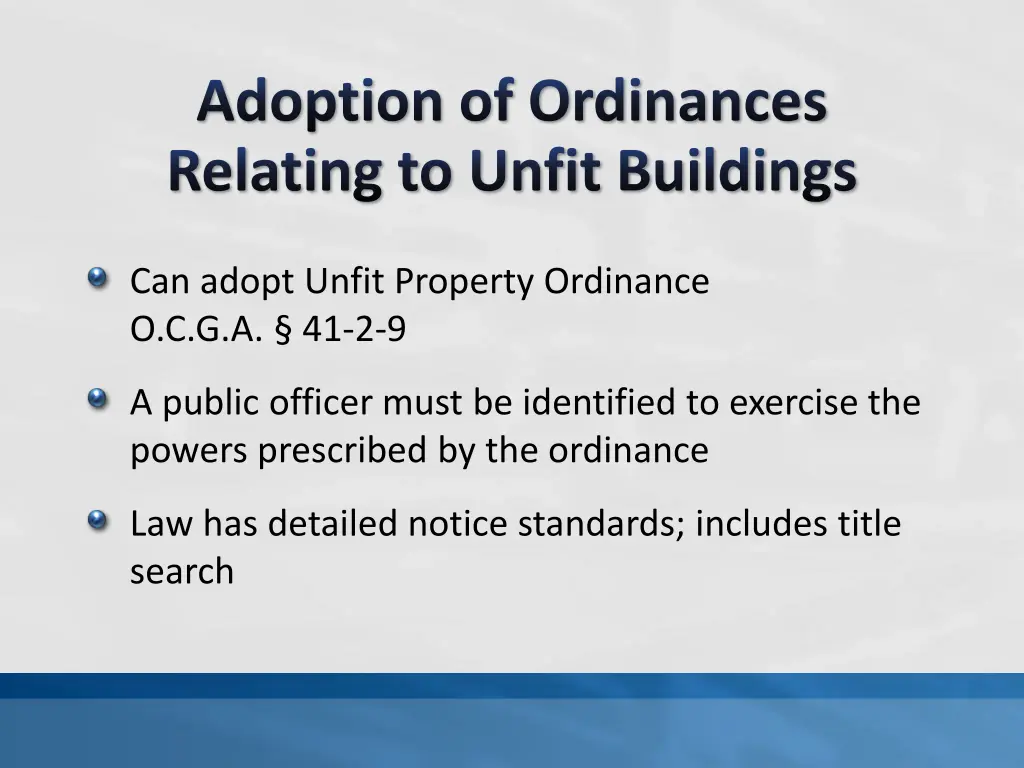 adoption of ordinances relating to unfit buildings