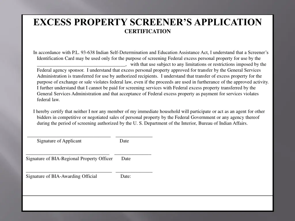 excess property screener s application