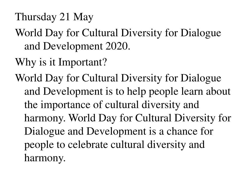 thursday 21 may world day for cultural diversity