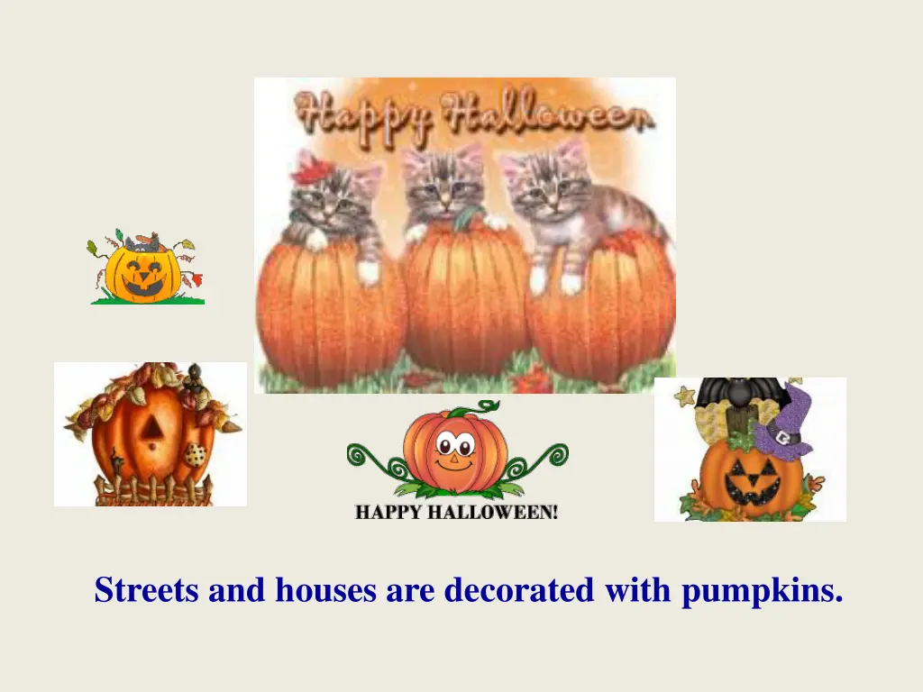 streets and houses are decorated with pumpkins