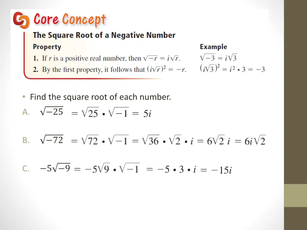 find the square root of each number