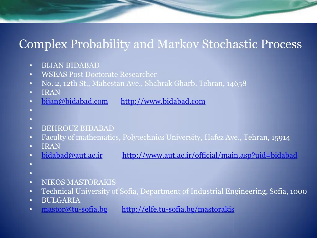 complex probability and markov stochastic process 1