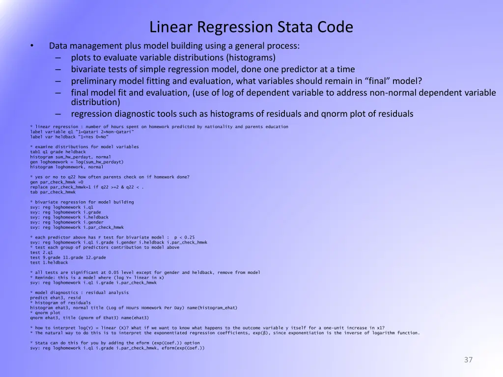 linear regression stata code data management plus