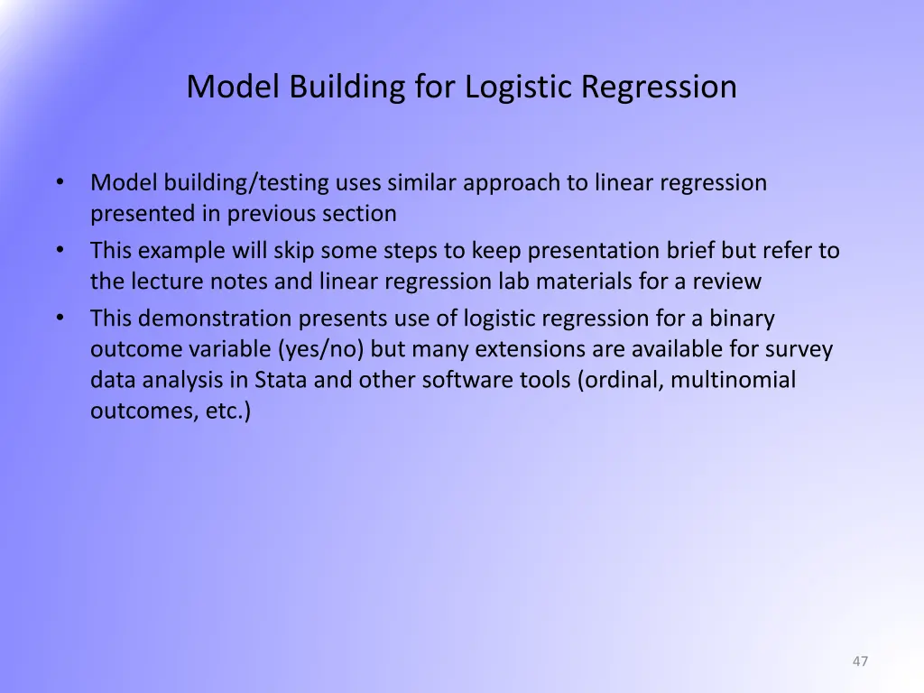 model building for logistic regression