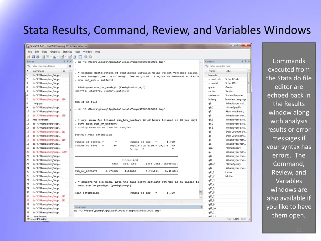 stata results command review and variables windows